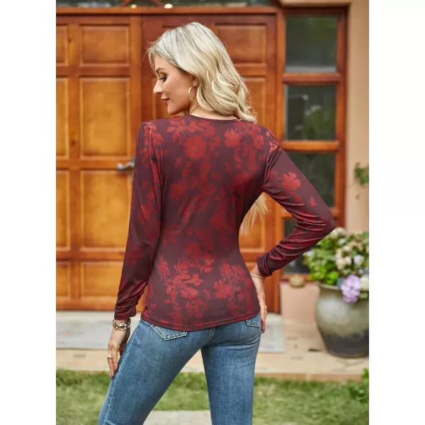 GRACE KARIN Womens Tops Elegant Surplice Wrap Blouse V Neck Long Sleeve Casual Ruched TopWine Red Floral