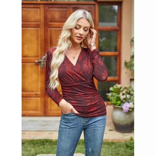 GRACE KARIN Womens Tops Elegant Surplice Wrap Blouse V Neck Long Sleeve Casual Ruched TopWine Red Floral