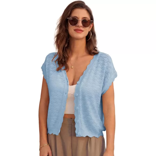 GRACE KARIN Womens V Neck Cap Sleeve Summer Crochet Cardigan Sweaters Lightweight Button Front Cropped Knit Vest 2024Blue