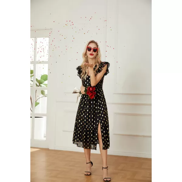 GRACE KARIN Womens V Neck Ruffle Sleeve Summer Dress 2023 Split Flowy Tiered Midi Dress Wedding Guest Cocktail DressesBlackpolka Dot