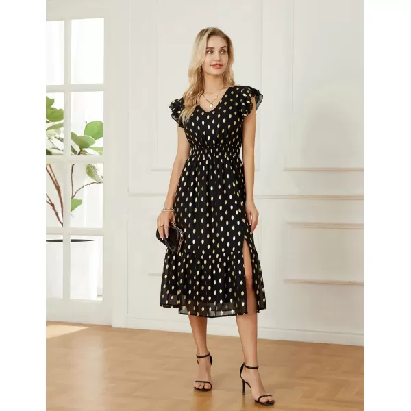 GRACE KARIN Womens V Neck Ruffle Sleeve Summer Dress 2023 Split Flowy Tiered Midi Dress Wedding Guest Cocktail DressesBlackpolka Dot