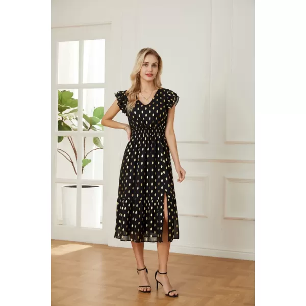 GRACE KARIN Womens V Neck Ruffle Sleeve Summer Dress 2023 Split Flowy Tiered Midi Dress Wedding Guest Cocktail DressesBlackpolka Dot