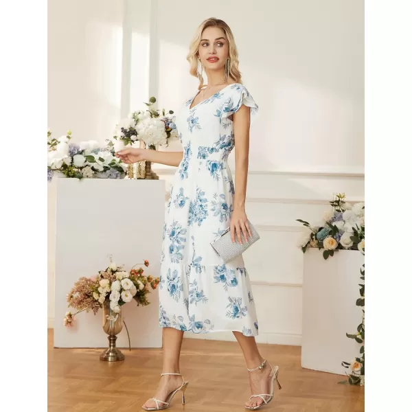 GRACE KARIN Womens V Neck Ruffle Sleeve Summer Dress 2023 Split Flowy Tiered Midi Dress Wedding Guest Cocktail DressesBluefloral Print