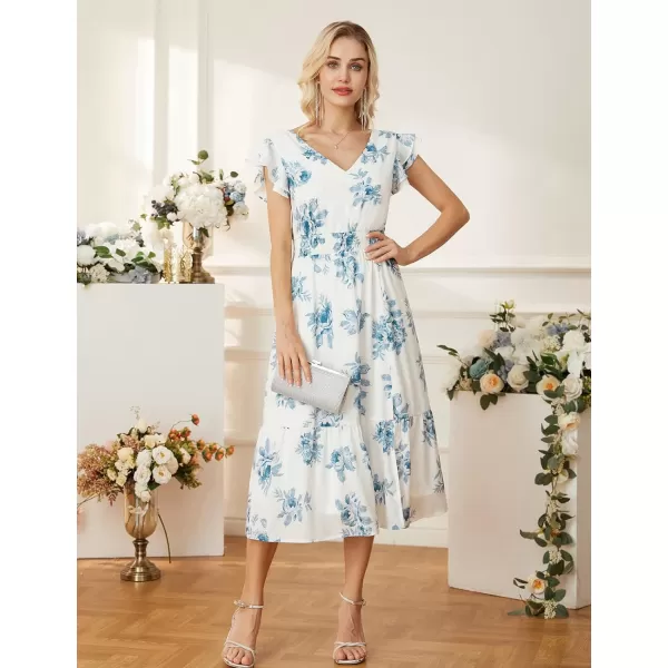 GRACE KARIN Womens V Neck Ruffle Sleeve Summer Dress 2023 Split Flowy Tiered Midi Dress Wedding Guest Cocktail DressesBluefloral Print