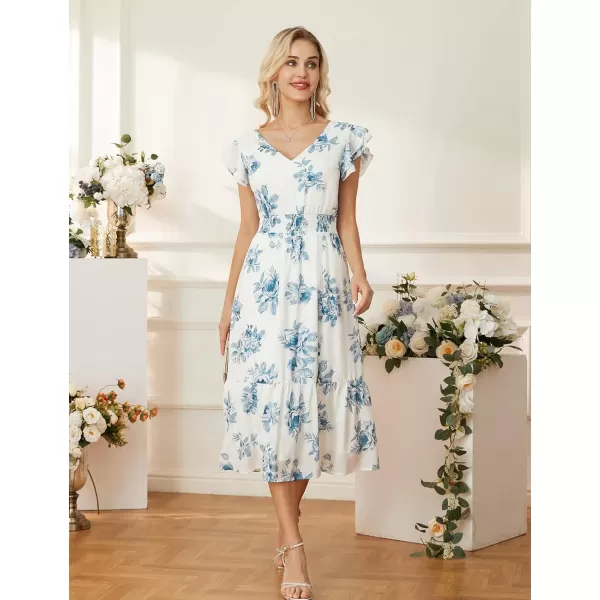 GRACE KARIN Womens V Neck Ruffle Sleeve Summer Dress 2023 Split Flowy Tiered Midi Dress Wedding Guest Cocktail DressesBluefloral Print