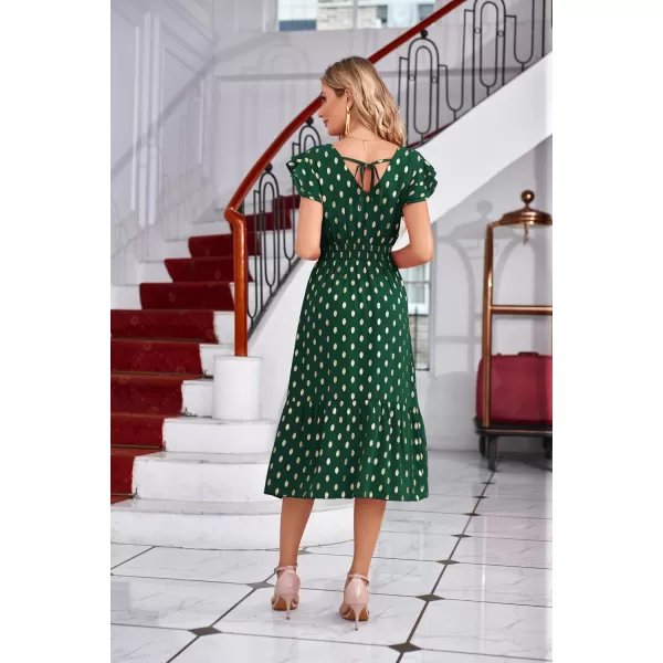 GRACE KARIN Womens V Neck Ruffle Sleeve Summer Dress 2023 Split Flowy Tiered Midi Dress Wedding Guest Cocktail DressesDark Greengold Dots