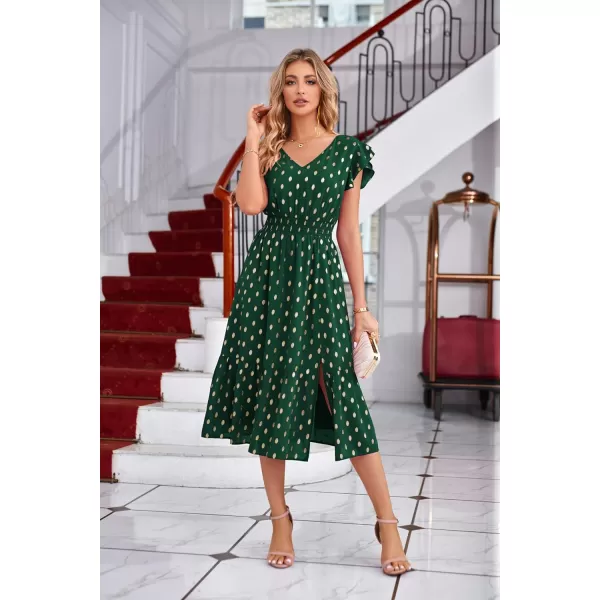 GRACE KARIN Womens V Neck Ruffle Sleeve Summer Dress 2023 Split Flowy Tiered Midi Dress Wedding Guest Cocktail DressesDark Greengold Dots