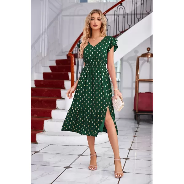 GRACE KARIN Womens V Neck Ruffle Sleeve Summer Dress 2023 Split Flowy Tiered Midi Dress Wedding Guest Cocktail DressesDark Greengold Dots