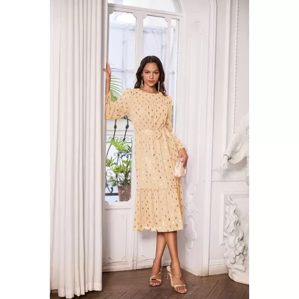 GRACE KARIN Womens V Neck Ruffle Sleeve Summer Dress 2023 Split Flowy Tiered Midi Dress Wedding Guest Cocktail DressesLong Sleeve Beigegold Dots