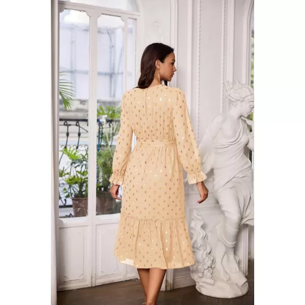 GRACE KARIN Womens V Neck Ruffle Sleeve Summer Dress 2023 Split Flowy Tiered Midi Dress Wedding Guest Cocktail DressesLong Sleeve Beigegold Dots