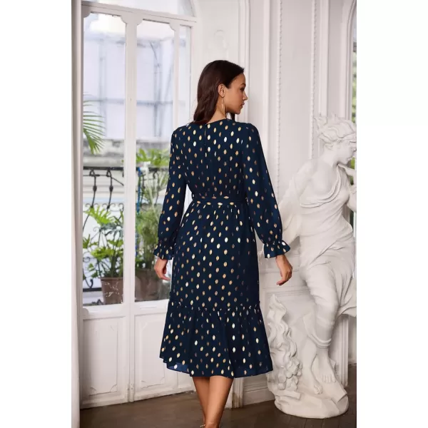 GRACE KARIN Womens V Neck Ruffle Sleeve Summer Dress 2023 Split Flowy Tiered Midi Dress Wedding Guest Cocktail DressesLong Sleeve Dark Bluegold Dots