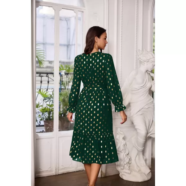 GRACE KARIN Womens V Neck Ruffle Sleeve Summer Dress 2023 Split Flowy Tiered Midi Dress Wedding Guest Cocktail DressesLong Sleeve Dark Greengold Dots