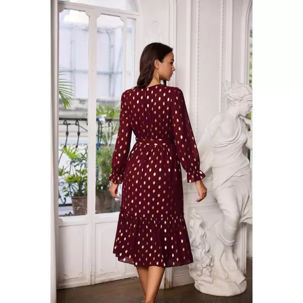 GRACE KARIN Womens V Neck Ruffle Sleeve Summer Dress 2023 Split Flowy Tiered Midi Dress Wedding Guest Cocktail DressesLong Sleeve Wine Redgold Dots