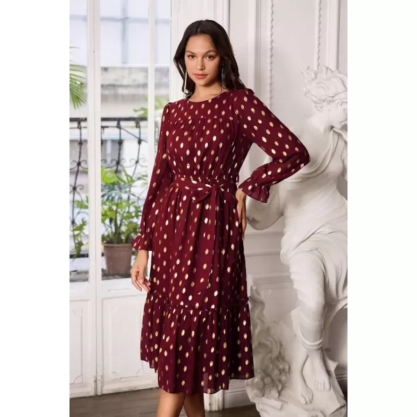 GRACE KARIN Womens V Neck Ruffle Sleeve Summer Dress 2023 Split Flowy Tiered Midi Dress Wedding Guest Cocktail DressesLong Sleeve Wine Redgold Dots