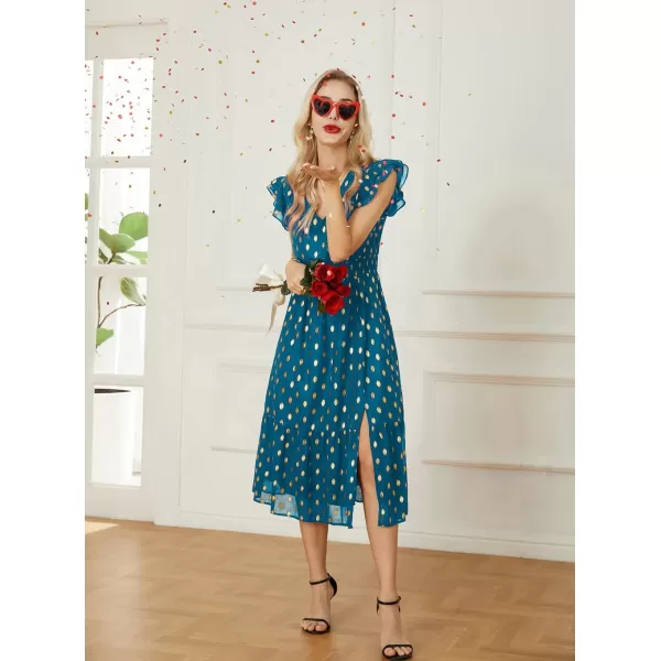 GRACE KARIN Womens V Neck Ruffle Sleeve Summer Dress 2023 Split Flowy Tiered Midi Dress Wedding Guest Cocktail DressesPeacock Bluegold Dots