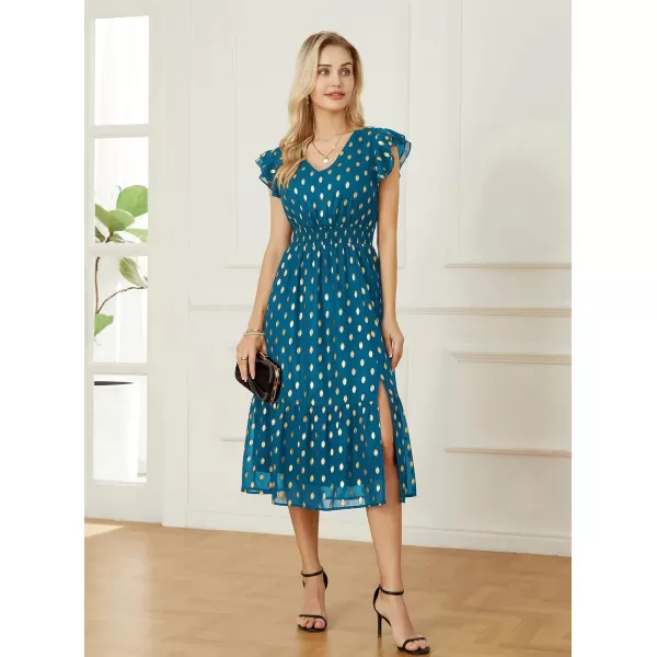 GRACE KARIN Womens V Neck Ruffle Sleeve Summer Dress 2023 Split Flowy Tiered Midi Dress Wedding Guest Cocktail DressesPeacock Bluegold Dots