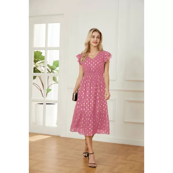 GRACE KARIN Womens V Neck Ruffle Sleeve Summer Dress 2023 Split Flowy Tiered Midi Dress Wedding Guest Cocktail DressesPinkgold Dots