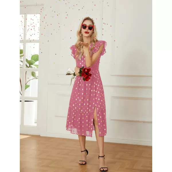 GRACE KARIN Womens V Neck Ruffle Sleeve Summer Dress 2023 Split Flowy Tiered Midi Dress Wedding Guest Cocktail DressesPinkgold Dots