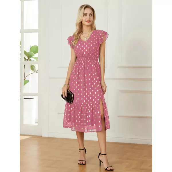 GRACE KARIN Womens V Neck Ruffle Sleeve Summer Dress 2023 Split Flowy Tiered Midi Dress Wedding Guest Cocktail DressesPinkgold Dots