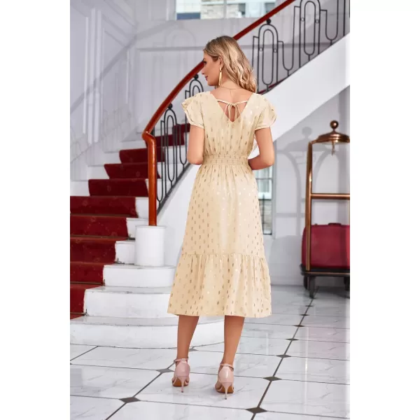 GRACE KARIN Womens V Neck Ruffle Sleeve Summer Dress 2024 Split Flowy Tiered Midi Dress Wedding Guest Cocktail DressesBeigegold Dots