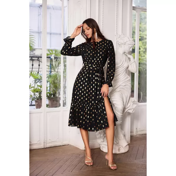 GRACE KARIN Womens V Neck Ruffle Sleeve Summer Dress 2024 Split Flowy Tiered Midi Dress Wedding Guest Cocktail DressesBlackgold Dots