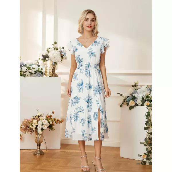 GRACE KARIN Womens V Neck Ruffle Sleeve Summer Dress 2024 Split Flowy Tiered Midi Dress Wedding Guest Cocktail DressesBluefloral Print