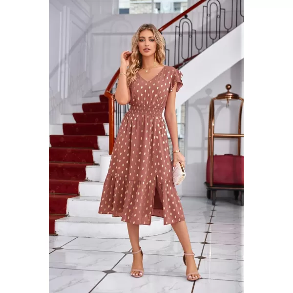 GRACE KARIN Womens V Neck Ruffle Sleeve Summer Dress 2024 Split Flowy Tiered Midi Dress Wedding Guest Cocktail DressesLight Brick Redgold Dots