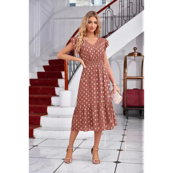 GRACE KARIN Womens V Neck Ruffle Sleeve Summer Dress 2024 Split Flowy Tiered Midi Dress Wedding Guest Cocktail DressesLight Brick Redgold Dots