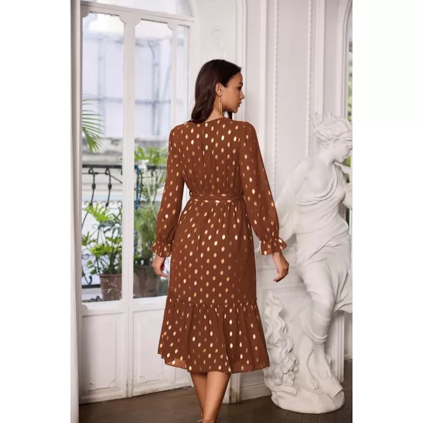 GRACE KARIN Womens V Neck Ruffle Sleeve Summer Dress 2024 Split Flowy Tiered Midi Dress Wedding Guest Cocktail DressesLong Sleeve Browngold Dots