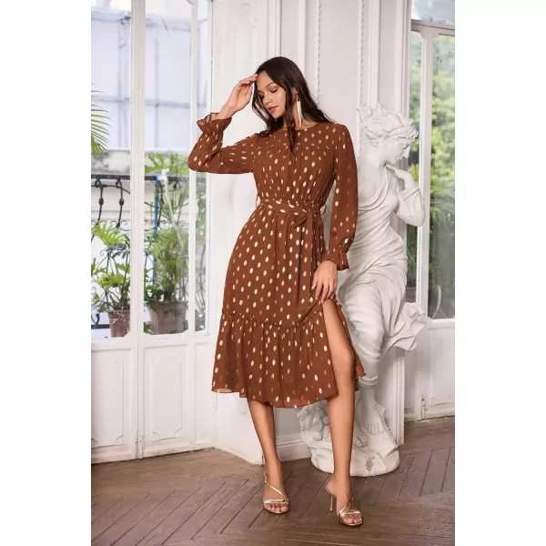 GRACE KARIN Womens V Neck Ruffle Sleeve Summer Dress 2024 Split Flowy Tiered Midi Dress Wedding Guest Cocktail DressesLong Sleeve Browngold Dots