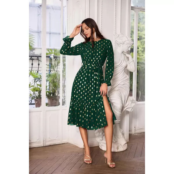 GRACE KARIN Womens V Neck Ruffle Sleeve Summer Dress 2024 Split Flowy Tiered Midi Dress Wedding Guest Cocktail DressesLong Sleeve Dark Greengold Dots