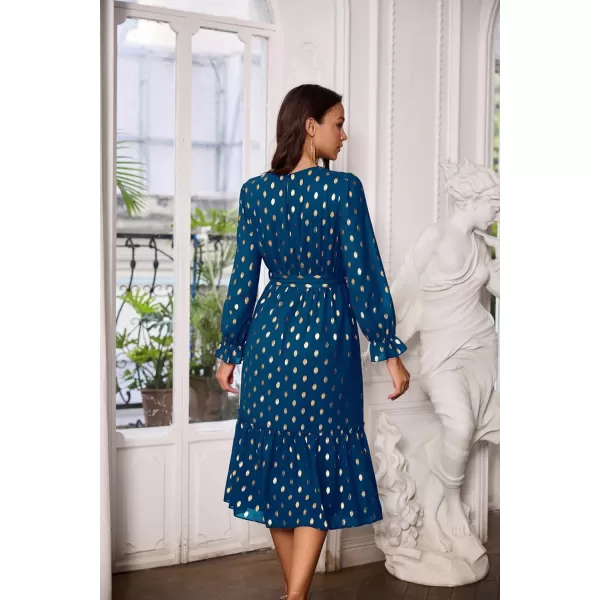 GRACE KARIN Womens V Neck Ruffle Sleeve Summer Dress 2024 Split Flowy Tiered Midi Dress Wedding Guest Cocktail DressesLong Sleeve Peacock Bluegold Dots