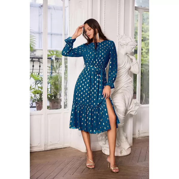 GRACE KARIN Womens V Neck Ruffle Sleeve Summer Dress 2024 Split Flowy Tiered Midi Dress Wedding Guest Cocktail DressesLong Sleeve Peacock Bluegold Dots