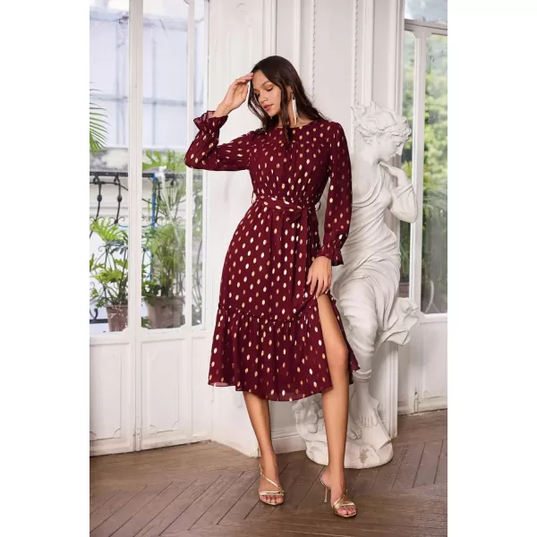 GRACE KARIN Womens V Neck Ruffle Sleeve Summer Dress 2024 Split Flowy Tiered Midi Dress Wedding Guest Cocktail DressesLong Sleeve Wine Redgold Dots