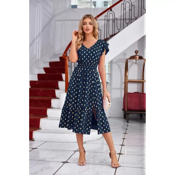 GRACE KARIN Womens V Neck Ruffle Sleeve Summer Dress 2024 Split Flowy Tiered Midi Dress Wedding Guest Cocktail DressesNavy Bluegold Dots