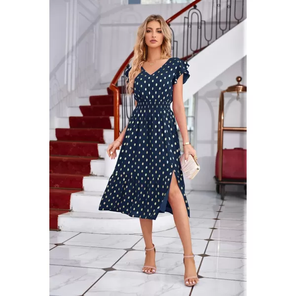 GRACE KARIN Womens V Neck Ruffle Sleeve Summer Dress 2024 Split Flowy Tiered Midi Dress Wedding Guest Cocktail DressesNavy Bluegold Dots