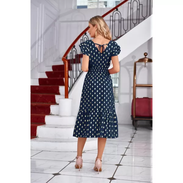 GRACE KARIN Womens V Neck Ruffle Sleeve Summer Dress 2024 Split Flowy Tiered Midi Dress Wedding Guest Cocktail DressesNavy Bluegold Dots