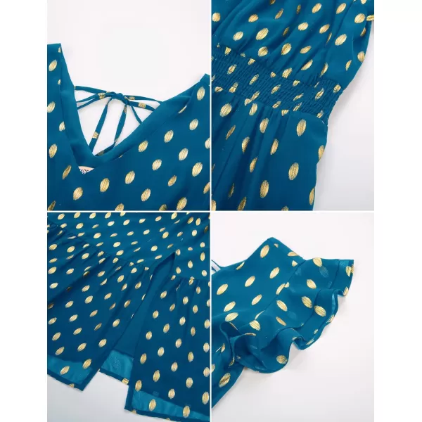 GRACE KARIN Womens V Neck Ruffle Sleeve Summer Dress 2024 Split Flowy Tiered Midi Dress Wedding Guest Cocktail DressesPeacock Bluegold Dots