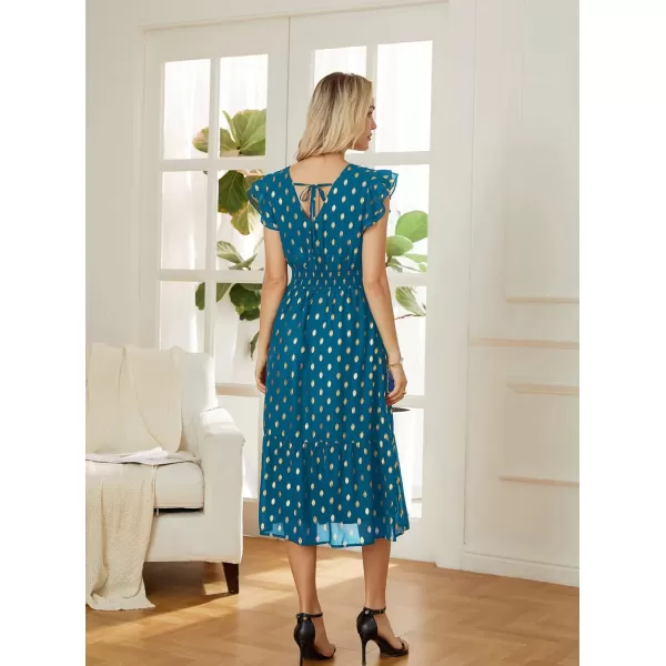GRACE KARIN Womens V Neck Ruffle Sleeve Summer Dress 2024 Split Flowy Tiered Midi Dress Wedding Guest Cocktail DressesPeacock Bluegold Dots