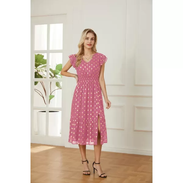 GRACE KARIN Womens V Neck Ruffle Sleeve Summer Dress 2024 Split Flowy Tiered Midi Dress Wedding Guest Cocktail DressesPinkgold Dots