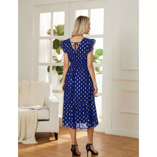 GRACE KARIN Womens V Neck Ruffle Sleeve Summer Dress 2024 Split Flowy Tiered Midi Dress Wedding Guest Cocktail DressesRoyal Bluegold Dots