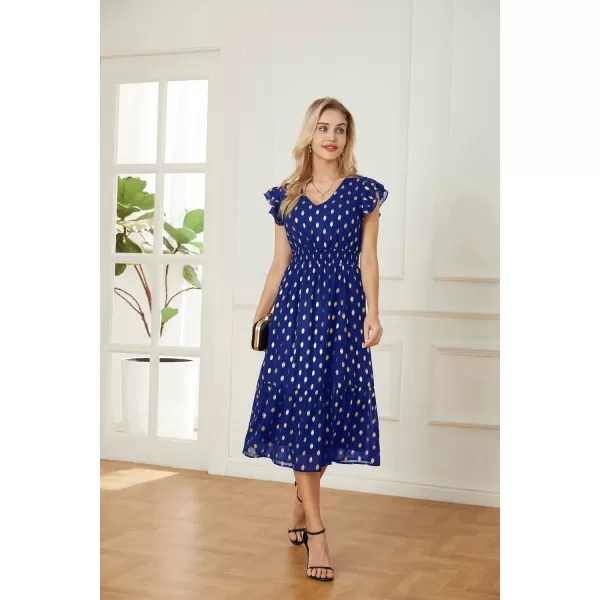 GRACE KARIN Womens V Neck Ruffle Sleeve Summer Dress 2024 Split Flowy Tiered Midi Dress Wedding Guest Cocktail DressesRoyal Bluegold Dots