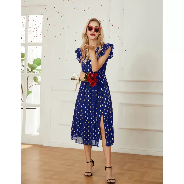 GRACE KARIN Womens V Neck Ruffle Sleeve Summer Dress 2024 Split Flowy Tiered Midi Dress Wedding Guest Cocktail DressesRoyal Bluegold Dots