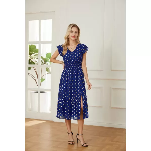 GRACE KARIN Womens V Neck Ruffle Sleeve Summer Dress 2024 Split Flowy Tiered Midi Dress Wedding Guest Cocktail DressesRoyal Bluegold Dots