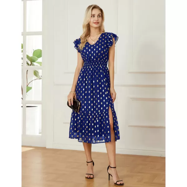 GRACE KARIN Womens V Neck Ruffle Sleeve Summer Dress 2024 Split Flowy Tiered Midi Dress Wedding Guest Cocktail DressesRoyal Bluegold Dots