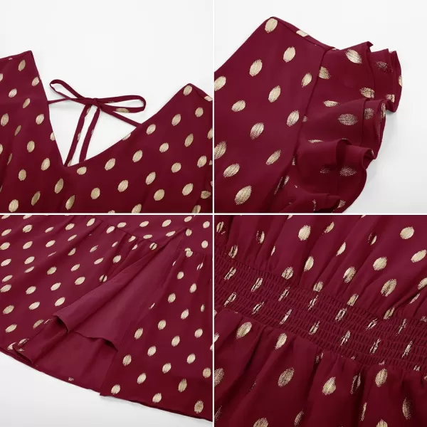 GRACE KARIN Womens V Neck Ruffle Sleeve Summer Dress 2024 Split Flowy Tiered Midi Dress Wedding Guest Cocktail DressesWine Redgold Dots