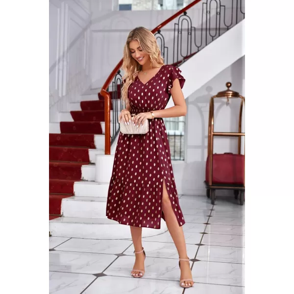 GRACE KARIN Womens V Neck Ruffle Sleeve Summer Dress 2024 Split Flowy Tiered Midi Dress Wedding Guest Cocktail DressesWine Redgold Dots