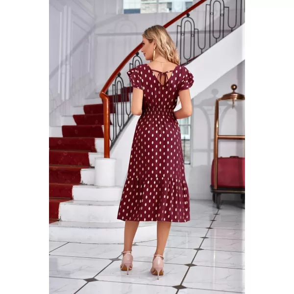 GRACE KARIN Womens V Neck Ruffle Sleeve Summer Dress 2024 Split Flowy Tiered Midi Dress Wedding Guest Cocktail DressesWine Redgold Dots
