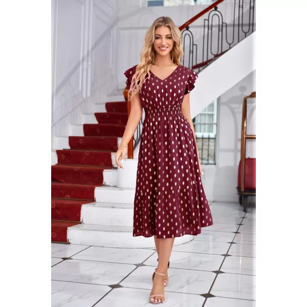 GRACE KARIN Womens V Neck Ruffle Sleeve Summer Dress 2024 Split Flowy Tiered Midi Dress Wedding Guest Cocktail DressesWine Redgold Dots