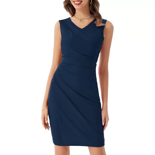 GRACE KARIN Womens Wear to Work Dress V Neck Sleeveless Ruched Wrap Office Party Pencil DressesNavy Blue